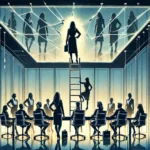 DALL·E 2024-12-07 20.29.09 - An evocative illustration of a corporate boardroom with a large glass ceiling above, symbolically cracked, with silhouettes of women and men in busine