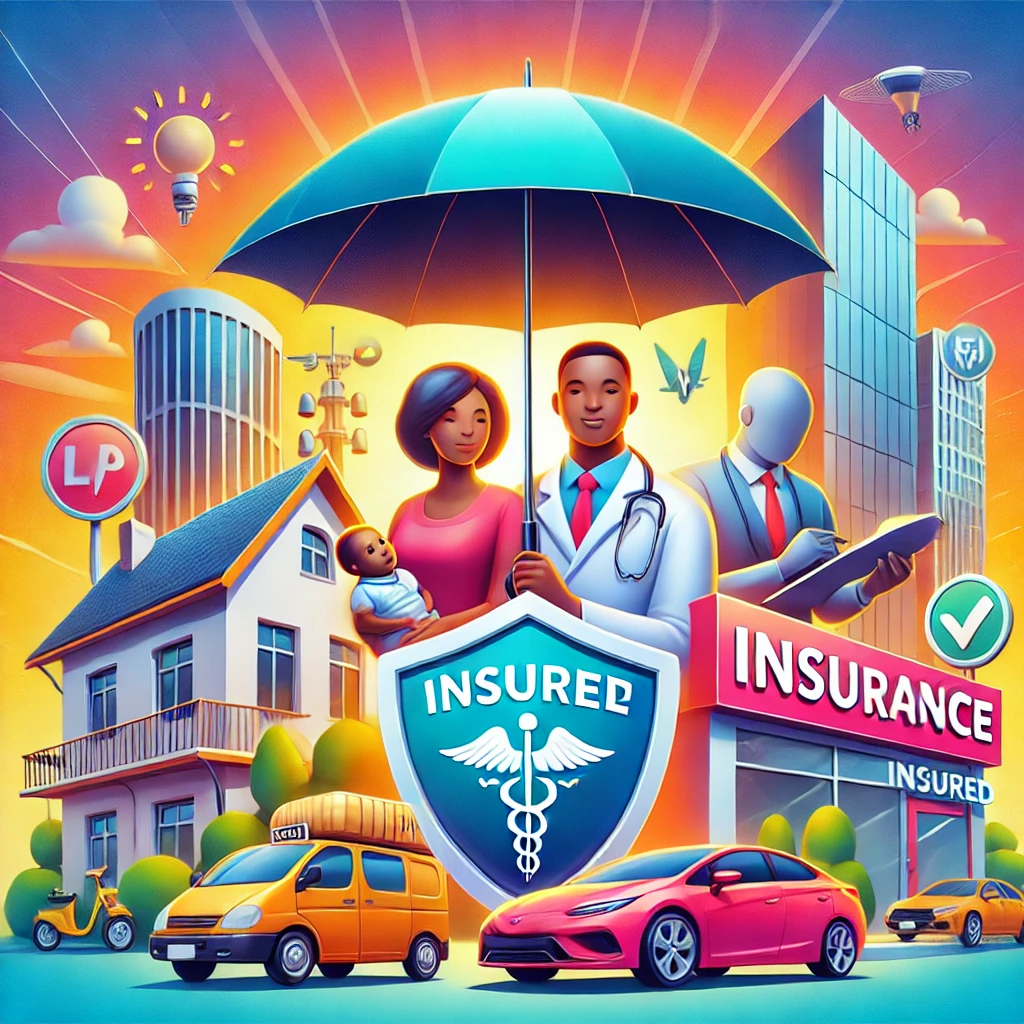 DALL·E 2024-12-10 20.28.50 - A vibrant illustration showing various aspects of insurance in Nigeria_ a family in a home shielded by a large umbrella symbolizing financial security